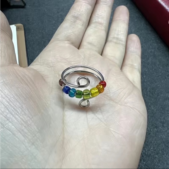 Rainbow Beads Rotatable Fidget Silver Color Rotate Stainless Steel Ring - Picture 5 of 6